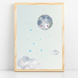 Moon nursery decor| Moon and stars print | Baby room wall art | Cute moon nursery wall art |  Sky nursery for baby boy | Nursery prints boy