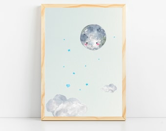 Moon nursery decor| Moon and stars print | Baby room wall art | Cute moon nursery wall art |  Sky nursery for baby boy | Nursery prints boy