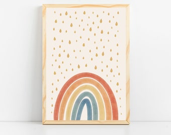 Rainbow boho nursery decor printable wall art, Baby girl room rainbow prints, Watercolor raindrops kids room art, Playroom decor art poster