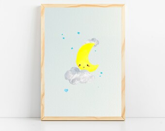 Moon nursery art | Moon and stars print | Baby room wall art | Cute moon nursery wall decor | Nursery prints boy | Sky nursery for baby boy