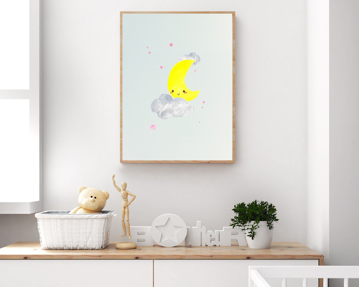 Moon and Stars Nursery Art Baby Room Wall Art Cute Moon Etsy
