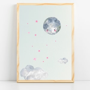Moon nursery decor | Stars nursery decor prints | Clouds wall art for baby girl | Little girls room decor | Kids decor | Night sky baby room