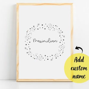 Personalized name space themed nursery wall art Custom outer space nursery decor Art for baby boy Kids bedroom prints Stars playroom sign