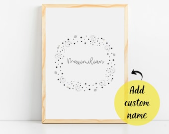 Personalized name space themed nursery wall art Custom outer space nursery decor Art for baby boy Kids bedroom prints Stars playroom sign