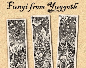 Ensemble de 3 signets « Fungi from Yuggoth » pour votre fiction littéraire. Trois marque-pages littérature fantastique. Surréalisme, art sombre.