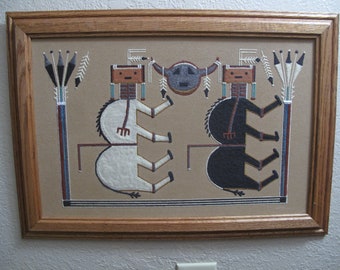 Vintage zandschildering Navajo – Buffalo People Art by Morning Flower
