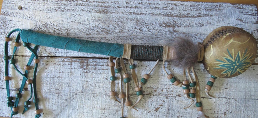 Native American navajo Ceremonial Rawhide Rattle W/feathers, Fur, Seed ...