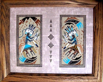 Vintage ingelijste Navajo Double Yei Sand Painting – gesigneerd, kunst uit de jaren 80
