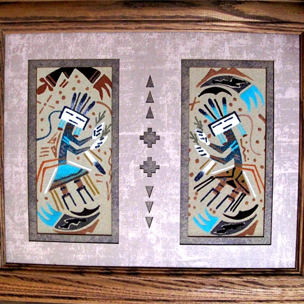 Vintage 1980's Framed Navajo Double Yei Sand Painting - Signed -TG or YG Yaz or Yazzie (hard to read) Overall size 10.3" x 12.3"