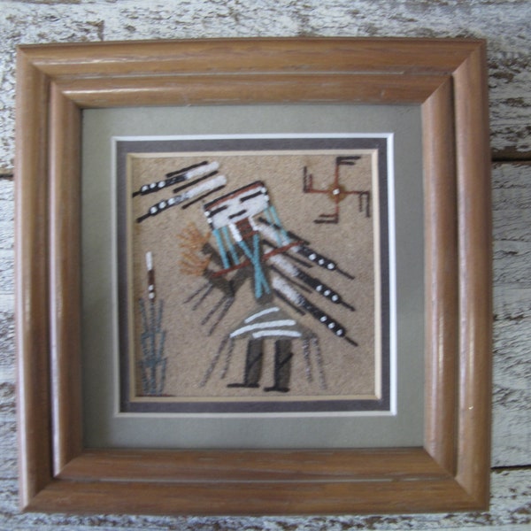 Vintage late 1980's Framed Navajo Small Single Yei Sand Painting - Signed - by Eddie Foster- Waterfloww NM / 3" x 3" Framed with Mat.