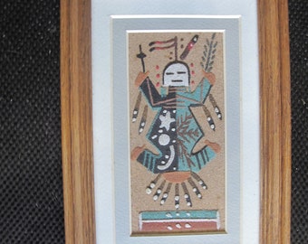 Vintage Navajo-zandschilderij - Father Sky Yei, ondertekend en ingelijst (9 x 6)