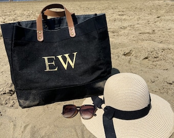 Grand sac cabas en jute personnalisé avec anse en cuir | Sac de plage monogrammé | Sac fourre-tout Initiales