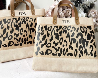 Grand sac cabas en jute personnalisé à imprimé léopard | Sac de plage monogrammé à imprimé léopard | Cadeau professeur
