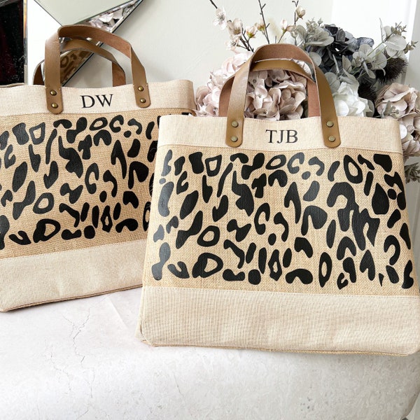 Personalised Leopard Print Large Jute Bag Leather Handle Shopper | Monogram Leopard Print Beach Bag | Teacher Gift