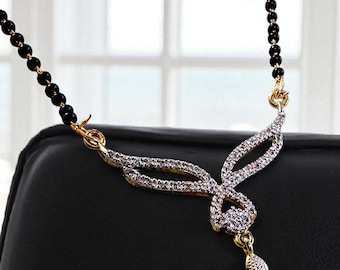 CZ Diamond Mangalsutra / Gold Plated Necklace / Indian Bridal Jewelry / Black Bead Wedding Necklace / Ethnic Jewellery / Gift for Wife