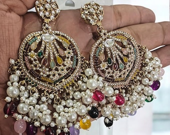 Multicolor Pearl Stone Earrings: Indian Wedding Sangeet Jewelry
