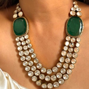 Indian Moissanite Doublet Stone Necklace Set, Emerald Green Triple Layered Uncut Polki Kundan Wedding Jewelry Necklace Set with Earrings