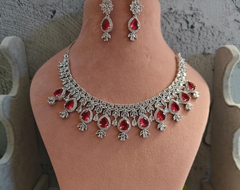 Cubic Zirconia Red Silver Finish AD Choker Necklace Set Indian Bollywood Bridal Wedding Necklace Cz Jewelry American Diamond Jewelry Choker