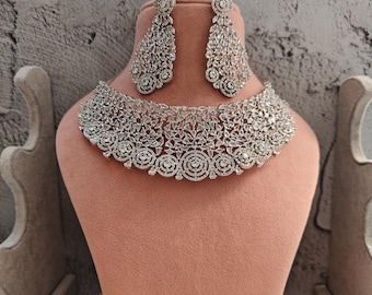 Cubic Zirconia Silver Finish AD Choker Necklace Set Indian Bollywood Bridal Wedding Necklace Cz Jewelry American Diamond Jewelry Choker