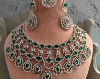 Silver Finish American Diamond Choker Necklace with Earrings Tikka Set, AD Jewelry Set, AD Choker Set, Indian Bollywood Bridal Wedding Set