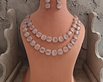 Double Layered Silver Finish Bridal Statement American Diamond Light Baby Pink AD Necklace Set with Earrings Cz Necklace Bollywood Jewelry
