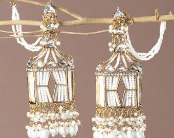 Bollywood Kundan Statement Earrings Indian Earrings pearl Earring Pakistani Earrings Kundan Earrings Long chandelier Indian wedding