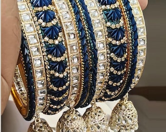 Conjunto de brazaletes Jhumki azul marino, brazaletes Latkan, brazaletes de boda, joyería india pakistaní, joyería nupcial