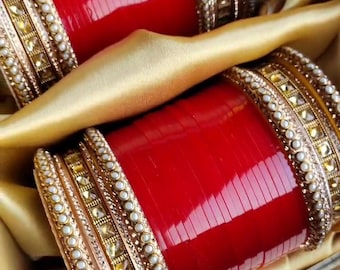 Indian Bridal Wedding Bangle Set, Punjabi Sikh Kundan Chura, Red Bridal Bangles, Traditional Chooda Jewelry, Both Hands