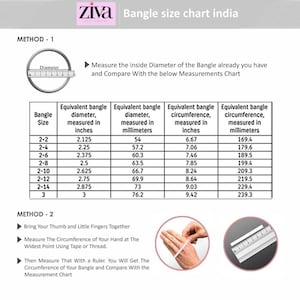 Puede incluir: Una tabla de tallas de brazaletes con el texto "Ziva Bangle size chart india" en la parte superior. La tabla incluye medidas en pulgadas y mil&iacute;metros para el di&aacute;metro y la circunferencia, con tallas que van de 2-2 a 3.