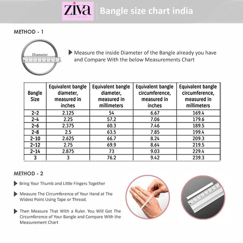 Puede incluir: Una tabla de tallas de brazaletes con el texto "Ziva Bangle size chart india" en la parte superior. La tabla incluye medidas en pulgadas y mil&iacute;metros para el di&aacute;metro y la circunferencia, con tallas que van de 2-2 a 3.