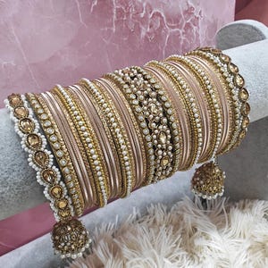 Bridal Bangle Set With Jhumki Borders, Pearl Stones Jhumki