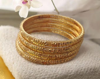 Set of 4 Indian Jewelry Gold Kada Kangan, 22K Gold-plated Punjabi Kadas, South Indian Bangles, Bridal Bracelet Jewellery, Gold Bangle Kada