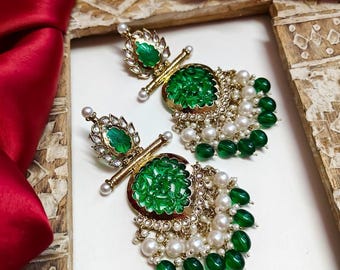 Green Bollywood Pearl Kundan Earrings, Indian Earrings, Kundan Earrings, Indian Pakistani wedding jewelry Bridesmaid Gift, Statement Earring