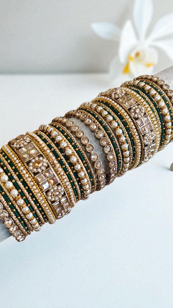 Green Kundan Pearl Stones Bangle Set, Indian Bangles Jewellery, Bridal Set for both hands, Pakistani Jewelry
