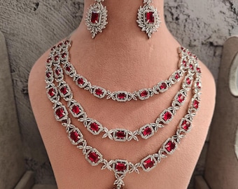 Three layer Emerald Red Faux Diamond High Quality Necklace set Indian Bollywood Bridal Wedding Necklace Cz Jewelry American Diamond Jewelry