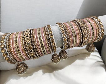 Rose Gold Indian Bridal Bangles Set, Pearl Kundan Stone Jhumki Bangles, Wedding Bangle, Festive Bangle, Indian Pakistani Jewellery, Set of 2