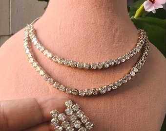 Golden Antique CZ Necklace with Earrings | American Diamond Indian Jewelry, Bollywood Statement Necklace for Wedding & Party Wear