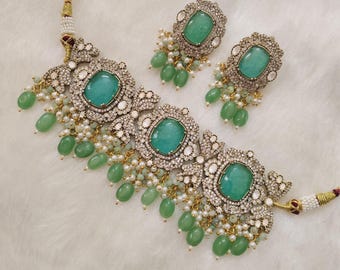Premium Victorian finish Kundan Doublet Stone Choker Set, Kundan Choker Set, Indian Bollywood Jewelry, Indian Pakistani Wedding Bridal Set