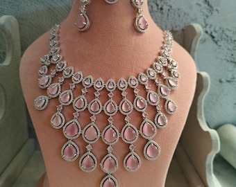 Cz Faux Diamond Necklace Set, Indian Jewelry, American Diamond, Indian Necklace Set Bollywood Jewelry Statement Necklace, Wedding Jewelry