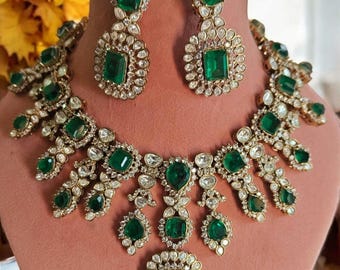 Green Moissanite Kundan Necklace Set, Polki Jewellery, Indian Wedding Jewelry, Choker Earring Set, Bollywood Bridal Jewelry