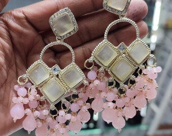 Baby Pink Beads Earrings Set: Indian Bollywood Jewelry