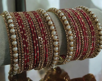 Conjunto de brazaletes indios de perla roja y piedra dorada: brazaletes de novia, juego de 2