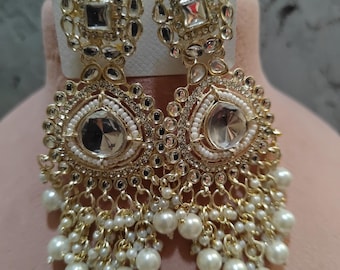 Bollywood Pearl Kundan Earrings, Indian Earrings, Kundan Jewelry, Pearl Earrings, Pakistani Earrings, Statement Earrings, Long Chandelier