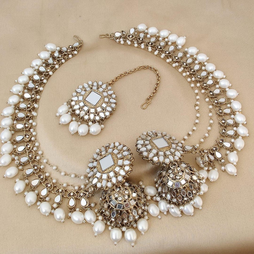 Bahubali Jhumka Style Long Chain Earring Maangtikka Set, Pearl