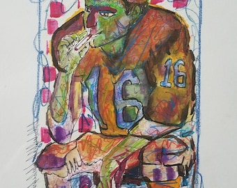 14x11 in. Original Painting of football player having a smoke by Justin Arnold