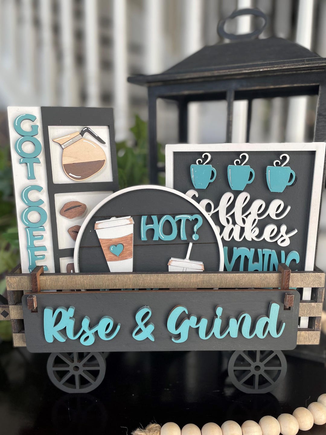 Coffee Bar Insert Set Wooden Tiered Tray Decor Rise & Grind Shelf ...