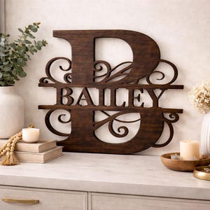 Letrero de madera con monograma, idea de regalo de boda, decoración personalizada para pared del hogar, estilo rústico, inicial del nombre de la familia, diseño personalizado, abedul.
