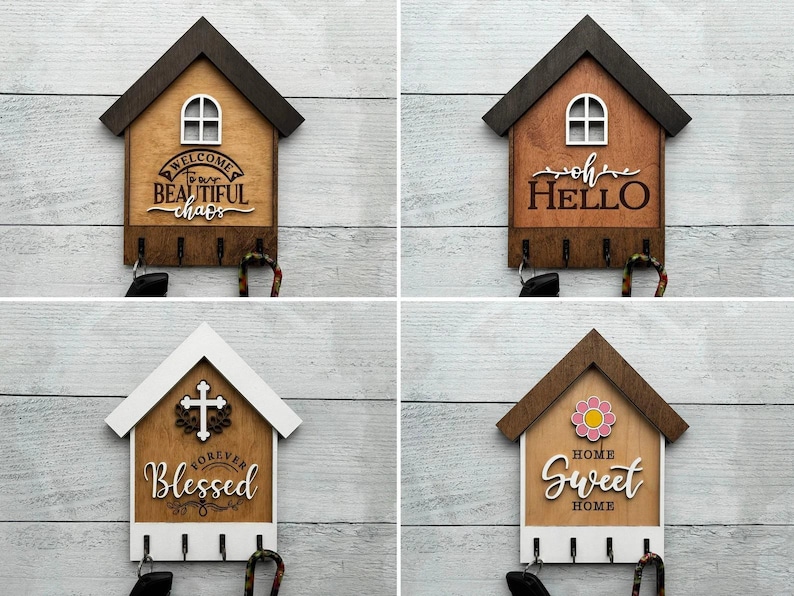 Rustic Wood Key Holder House Shaped Design Wall Mount Organizer Entryway Decor Piece Handcrafted Home Accessory Modern Functional Art Daily Key Storage Solution Perfect Housewarming Gift Real Estate Present Practical Organization System