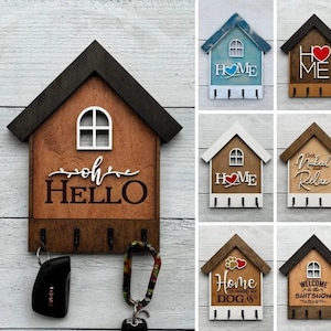 Wooden Key Organizer Wall Mount Key Holder House Shaped Design Entryway Decor Rustic Wood Style Modern Home Accessory Handcrafted Wall Hanging Practical Storage Solution Perfect Housewarming Gift Real Estate Closing Present New Home