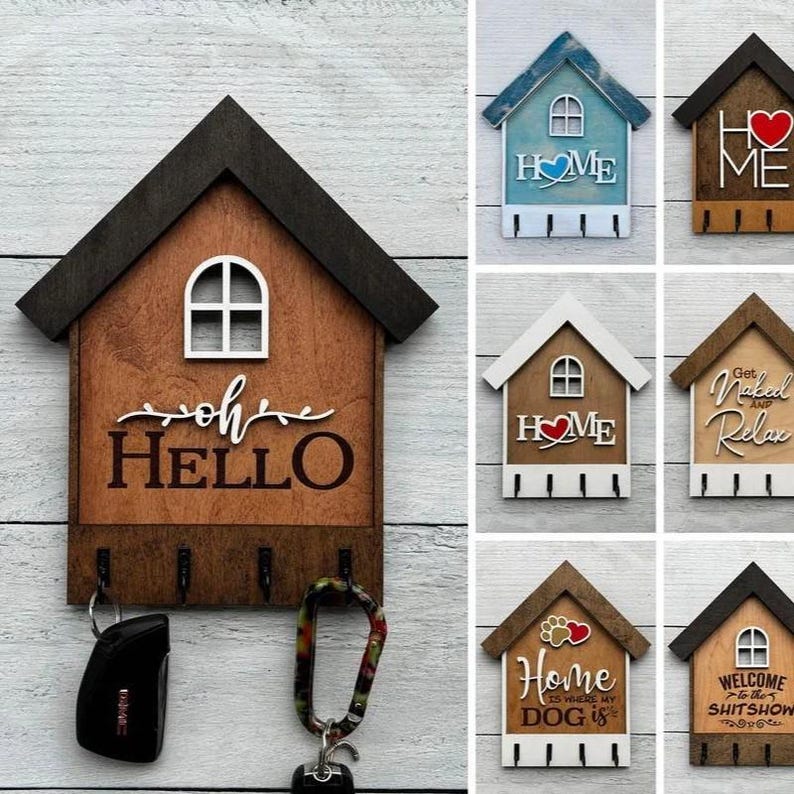 Wooden Key Organizer Wall Mount Key Holder House Shaped Design Entryway Decor Rustic Wood Style Modern Home Accessory Handcrafted Wall Hanging Practical Storage Solution Perfect Housewarming Gift Real Estate Closing Present New Home